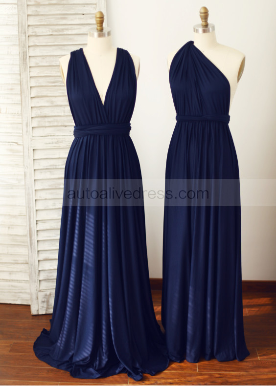 Navy Blue Jersey Floor Length Convertible Bridesmaid Dress